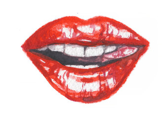 Isolated watercolor lips. Sexy and glamour red lips. Make up and fashion. Lips with tongue.