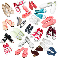 Collection of various women's shoes isolated on white