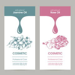 Vector set packaging design for cosmetic with sketch illustration of jasmine and