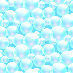 Vector soap bubbles blue seamless pattern. Transparent bubbles for banner and washing powder package design.