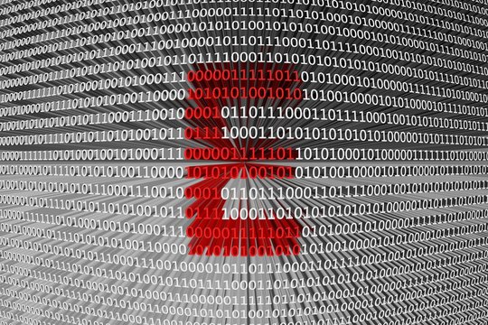 E programming language in the form of binary code, 3D illustration