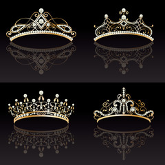 set collection of four golden with pearls feminine tiaras © marymo_art