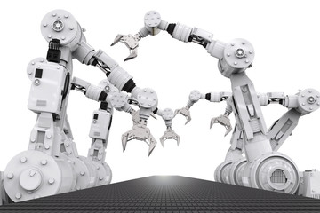 robotic arms with empty conveyor belt