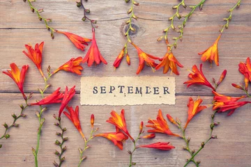 Word SEPTEMBER printed on vintage paper with wreath frame with crocosmia flowers  © iLight photo