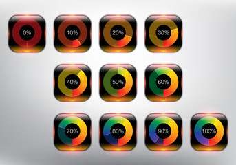 Loading spinners or progress loading bars in different loading state and percentage. Designed with realistic transparent glass shine and shadow on the white background. Vector illustration. Eps10.