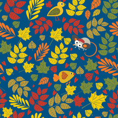 Colorful autumn leaves with birds background back to school fore