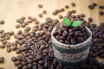 coffee beans and little plants in cute green cup on wooden table