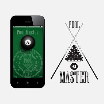 The smartphone on a white background. The application for the game of billiards. Pool logo, icon for the billiard club. Pocket PC. Mobile apps. Smartphone. 