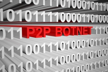 p2p botnet in the form of binary code, 3D illustration