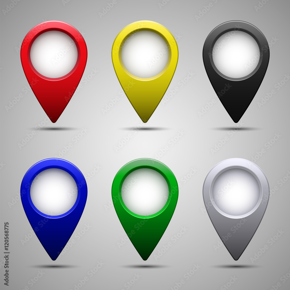 Poster colored map pointer set. different color pointers with empty place or blank. collection for location