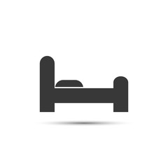 Black hotel icon. Flat bed illustration. Bed simple sign with shadow. Vector isolated object.