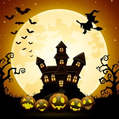 Halloween night background with pumpkins, witch flying, haunted castle and full moon