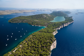 Fototapeta premium Aerial view of Telascica nature park and Slano lake in Croatia