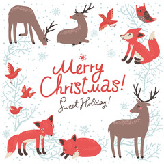 Obraz premium Christmas background. New Year card with deer and foxes.