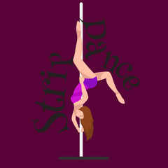 Female Pole dancer, woman dancing on pylon, sexy strip girl dancer, yong stripper, sport dance, isolated on colored background pretty woman body, beautiful slim girl long hair vector illustration