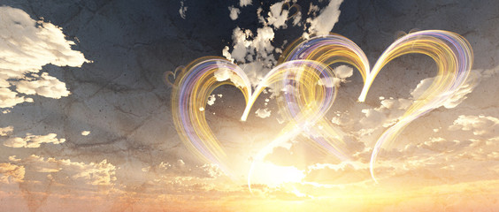 lovely heart in cloudy sunset sky 3d illustration, fantasy background