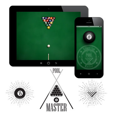The tablet on a white background. The application for the game of billiards. Pool logo, icon for the billiard club. Pocket PC. Mobile apps. Smartphone.