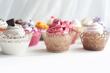 Many different colored sweet cupcakes
