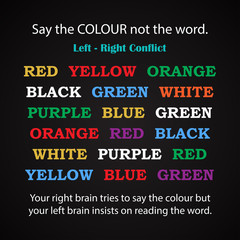 Say the colour not the word - left brain right brain conflict chart, for medical examinations