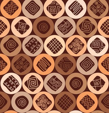 Chocolate chip cookies, seamless pattern, color, vector flat. Vector flat background with circles, squares, and wavy lines. Chocolate chip cookies on a beige circles. Abstract, geometric decoration. 