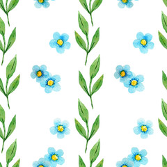 watercolor pattern of hand drawn blue flowers and green leaves vertical simple sketch
