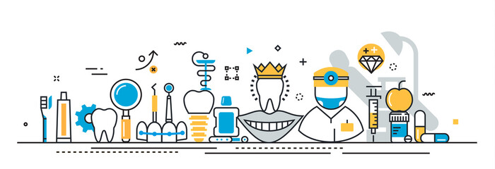 Flat line vector design concept of stomatology and dentist, dental clinic, medicine expertise presentation template for website banner linear and landing page header, timeline, cover, infographics