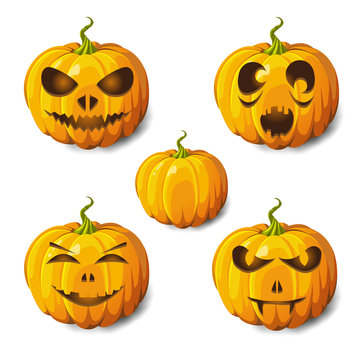 Halloween pumpkin, gourd or squash 5 icons set, different emotio