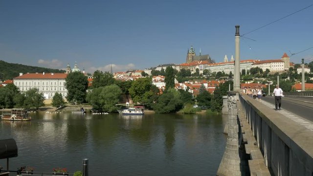 Manes Bridge and Vltava River with Prague castle and St Vitus cathedral in the background
