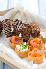 appetizer salmon with fresh cheese on board