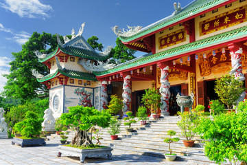 Beautiful view of the Linh Ung Pagoda on blue sky background