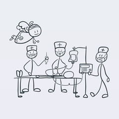 Medical operation doodle. Doctors and guardian angel helping the patient. Hand-drawn illustration.