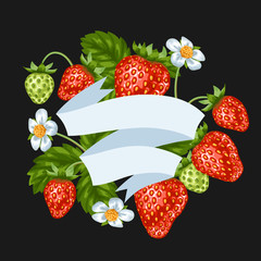Background with red strawberries. Illustration of berries and leaves