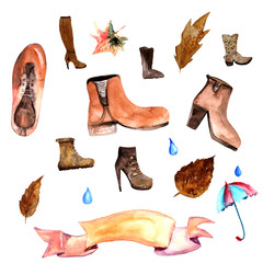 Watercolor vector autumn shoes collection including cloud with rain drops, umbrella, scarf, leaf, cup of tea, book and rubber boots. icon, banner