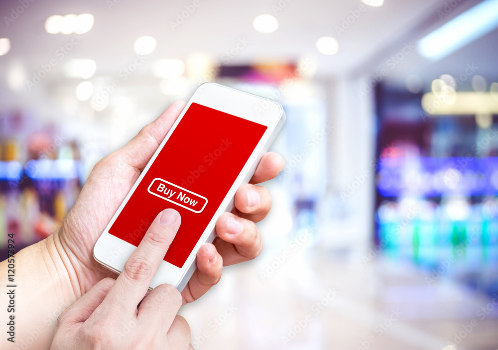 Aufkleber Hand holding mobile  with order button and empty screen for addi