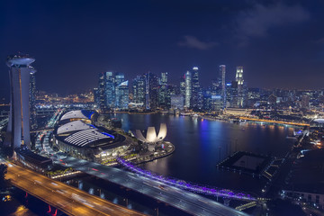 Aerial view of Singapore skyline at night, skyscrapers, marina bay