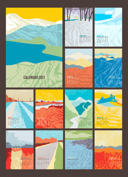 Desk Calendar for 2017 Year. Set of 12 Months calendar pages and cover. Abstract landscapes in art deco style. Vector EPS 10.