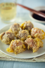 shrimp and pork dumplings on plate.