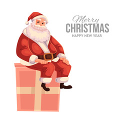 Cartoon style Santa Claus sitting on a gift box, Christmas vector greeting card. Full length portrait of Santa sitting on a present box, greeting card template for Christmas eve