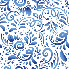 Fototapeta na wymiar Russian style vector gzhel seamless pattern. Floral blue texture