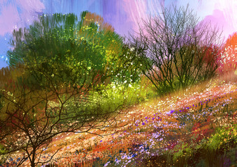 Naklejka premium painting of colorful meadow,landscape illustration,scenery