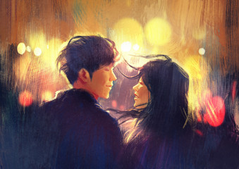 Naklejka premium young couple in love outdoor,illustration,digital painting