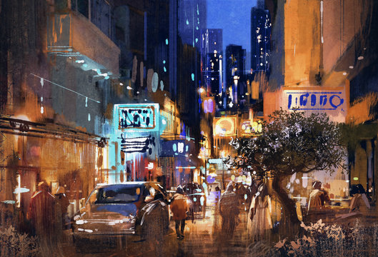 colorful painting of night street,cityscape,illustration