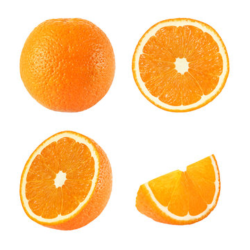 Collection of whole and sliced orange fruits on white background with clipping path