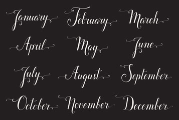 Handwritten names of months. Elegant calligraphic words isolated on black background. Lettering for calendar, diary or organizer.