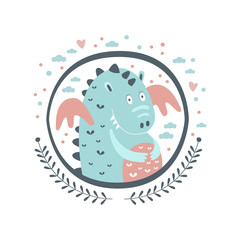 Chubby Dragon Fairy Tale Character Girly Sticker In Round Frame