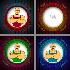 Athlete in the photo frame with the words of Will, Power, Fitness, Health; Vector set backgrounds Eps8