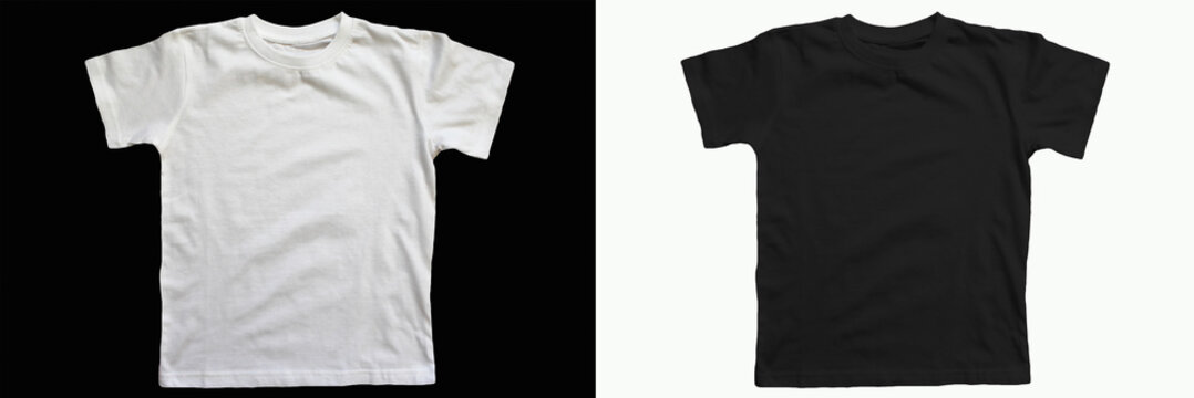 Black cotton t-shirt on a white background. 
White cotton T-shirt on a black background
