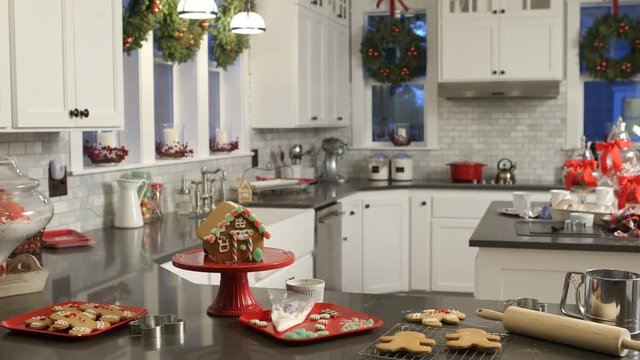 Interior shot of kitchen decorated for Christmas