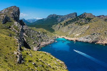 Ship sailing to bay in Cap Formentor, Mallorca, Balearic Islands, Spain.