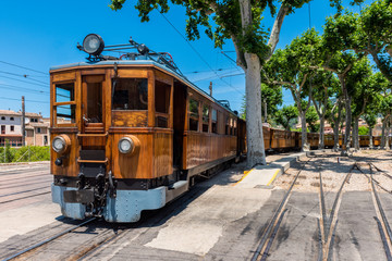 Historic electric train at Soller Trainstation, Mallorca, Balearic Islands, Spain. It operates...
